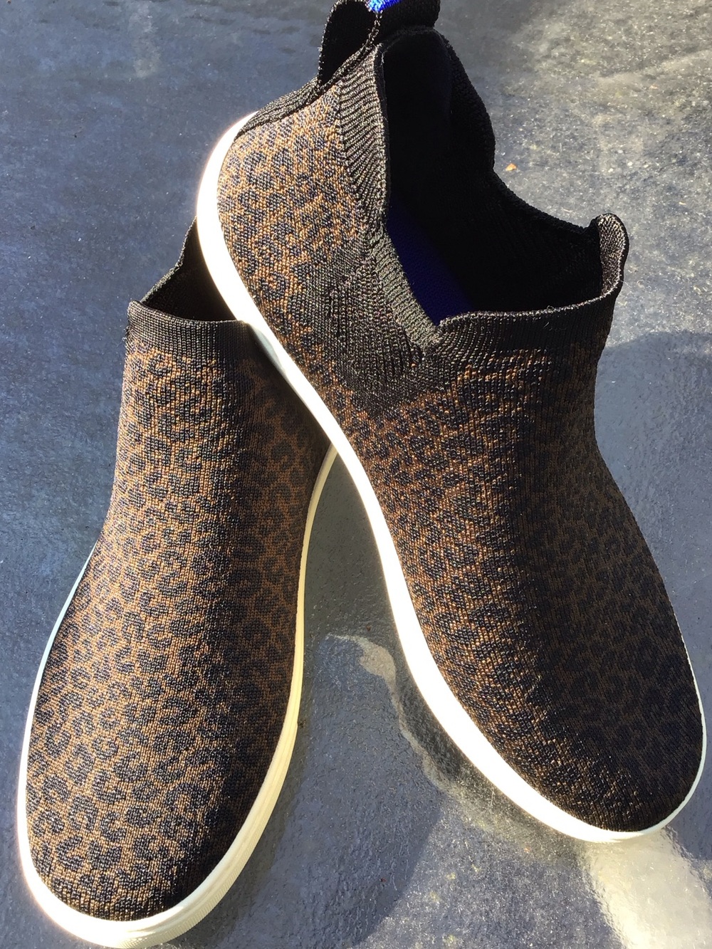 Rothy's Black Espresso Spot Leopard Chelsea Knit Slip-On Ankle Boots/Sneakers